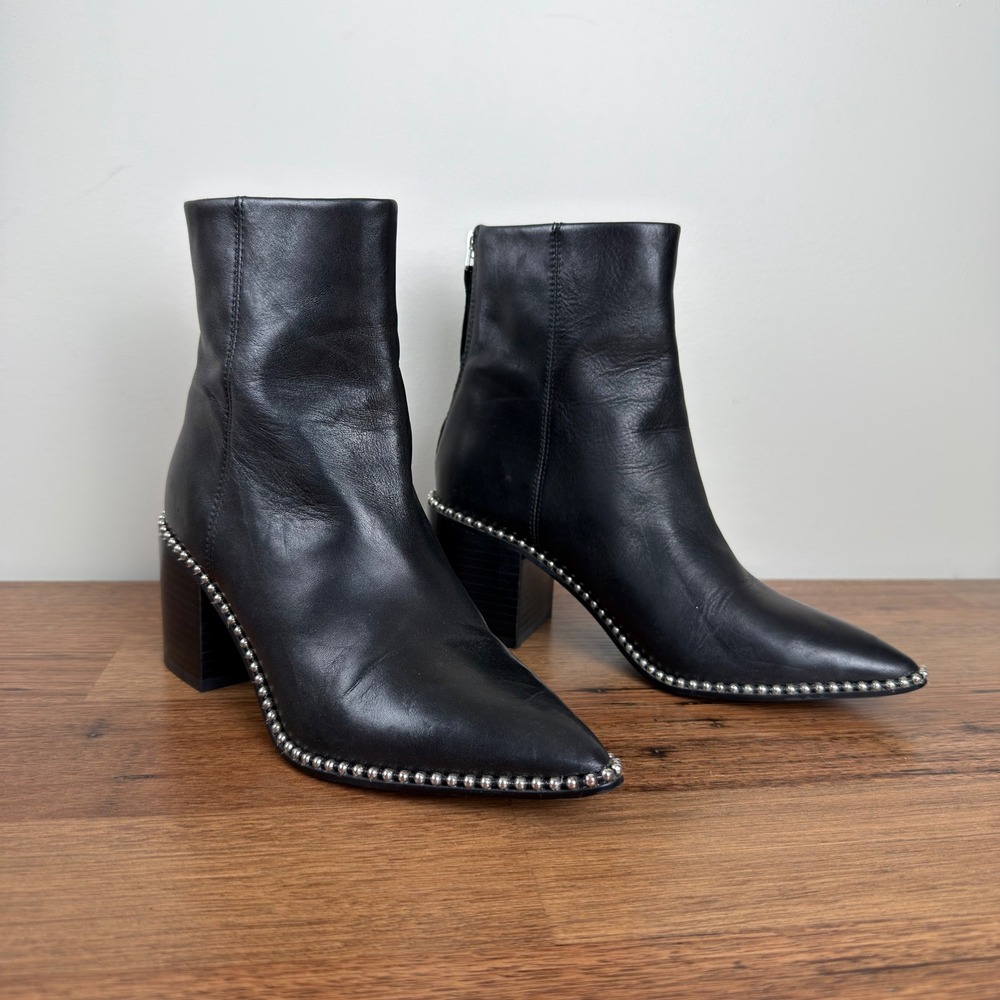 Steve Madden Aquarius Black Leather Studded Pointed Toe Block Heel Booties 5.5M